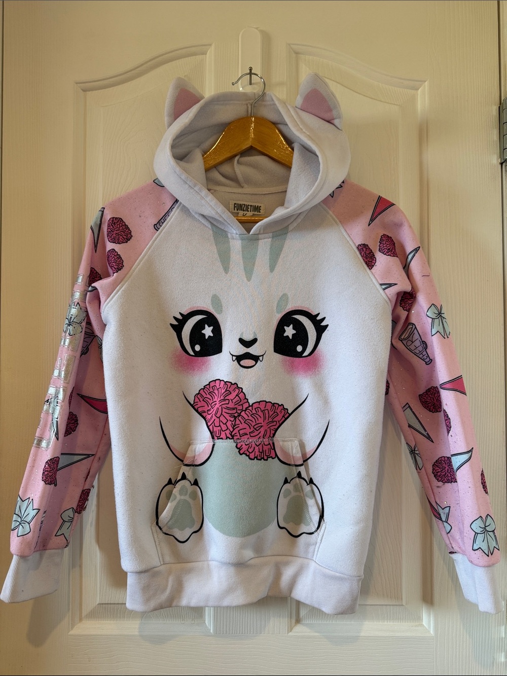 FunzieTime Girls Cat Ear Hoodie Pink White Size 14/16
